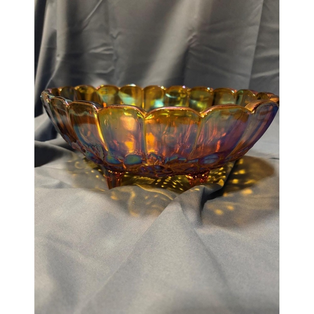 Vintage Indiana Carnival Glass Marigold Harvest Grape Iridescent Oval Bowl